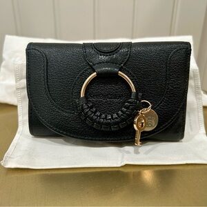 See By Chloe Black Leather Hana Wallet with Gold Ring